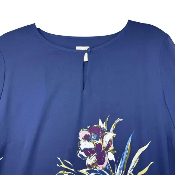 Chico’s Blouse Womens 2 Blue Stretch Floral Bird Of Paradise-Print Pullover Knit - Picture 6 of 12